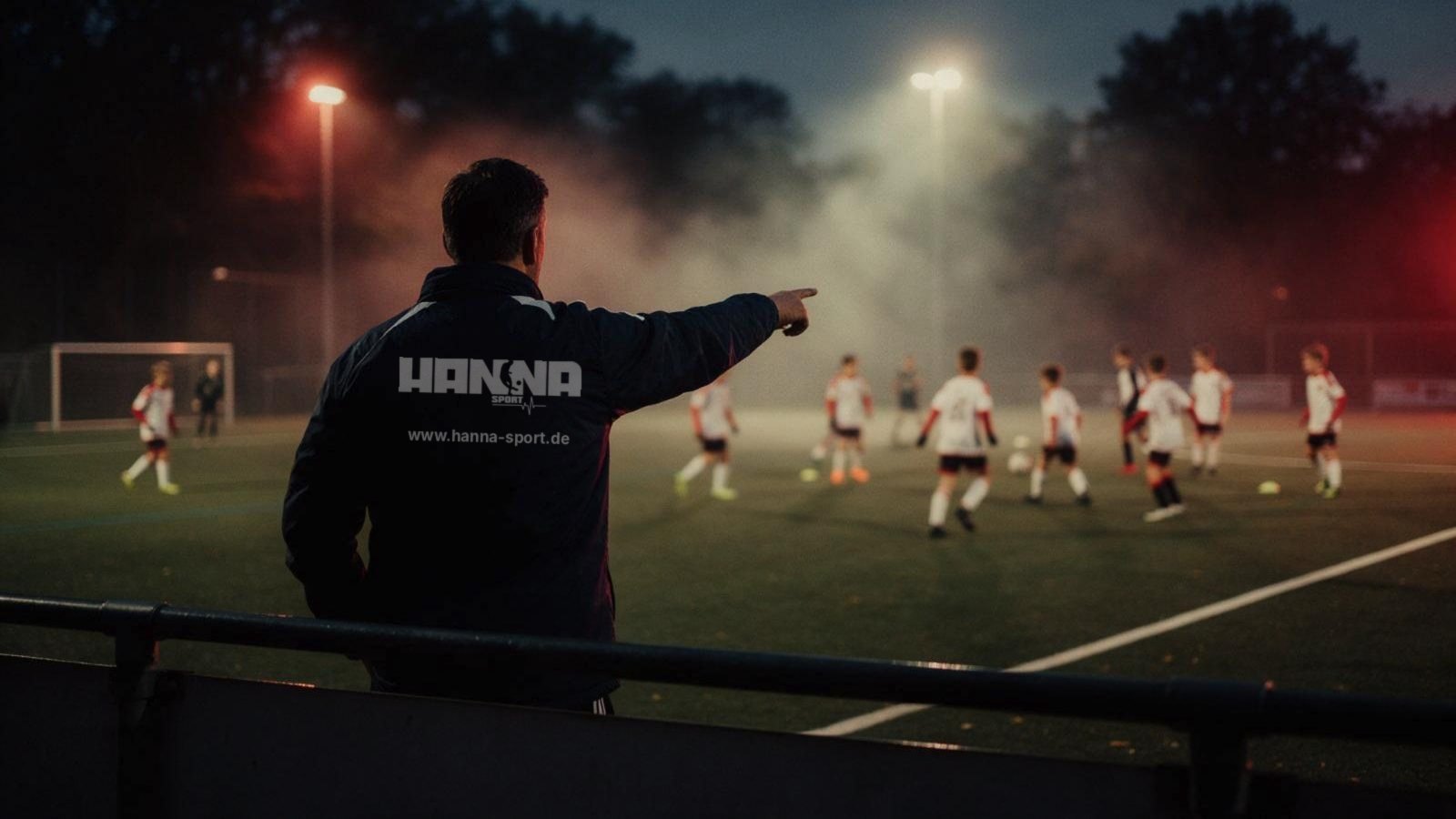 Illustration: Ein Trainer in einer Jacke mit Hanna-Sport-Aufdruck und www.hanna-sport.de steht von hinten gesehen am Spielfeldrand und dirigiert mit ausgestrecktem Arm seine Jugendmannschaft unter Flutlicht.
